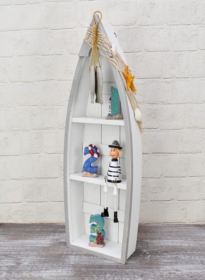 Linfevisi Wood Boat Shelf Decor Beach Theme Standing Boat Shelf Wooden Boat Decor Boat Book Shelf Nautical Decor Standing Boat Display with Net Starfish Seashell Accent Home Decor for Bathroom 16.5" - Image 2